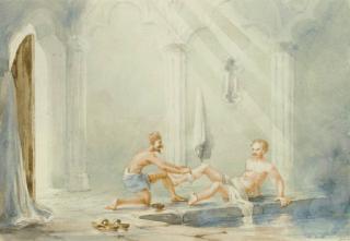 William Prinsep - Four Watercolours Depicting Turkish Baths Including; Entrance To The Baths, The Scrub, Soap Suds, And Cooling And Coffee