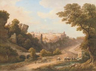 William Purser - View of Constantinople with camels watering and travellers on a track in the foreground