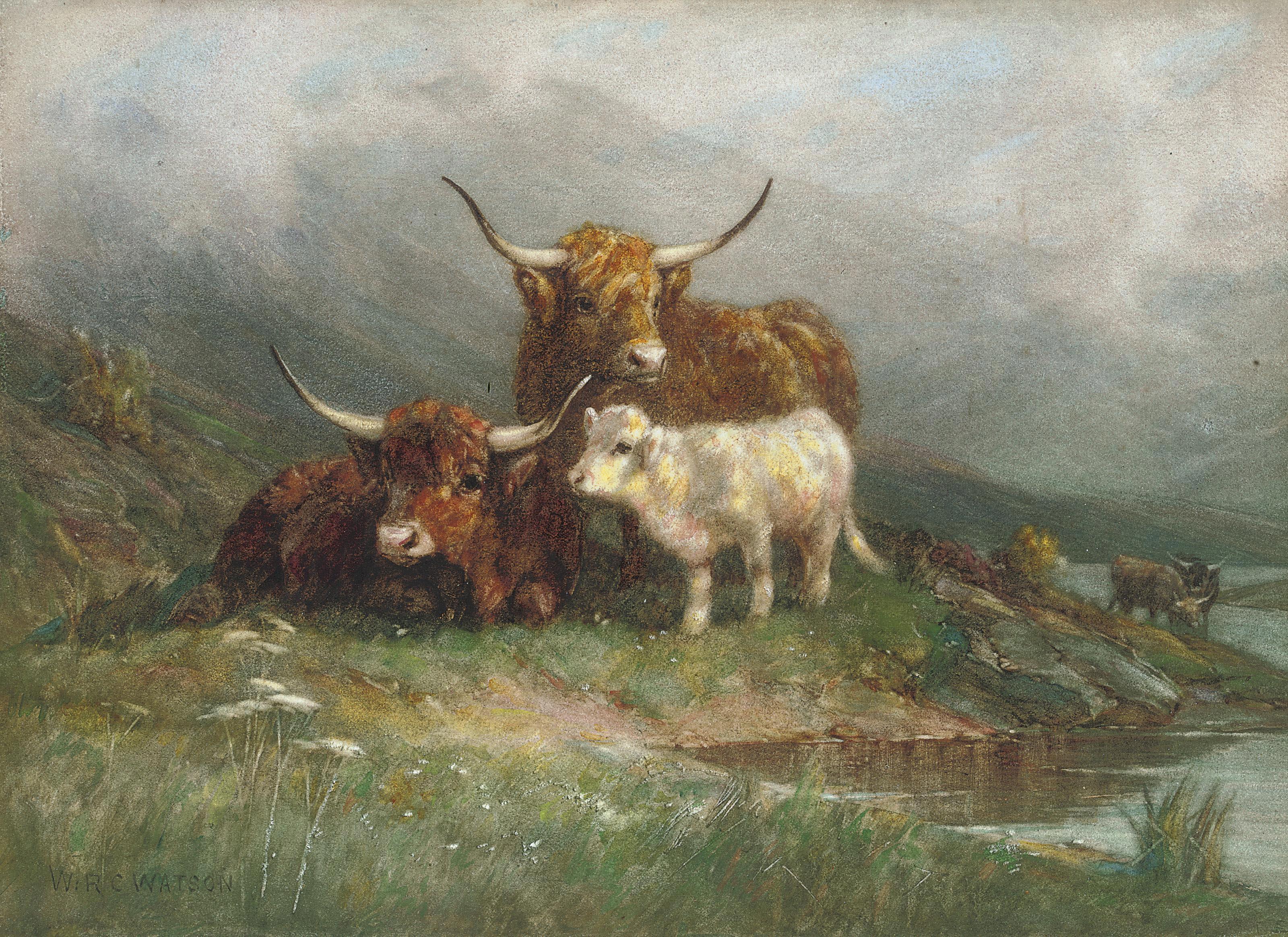 William R.C. Watson - Highland cattle and a calf beside a loch