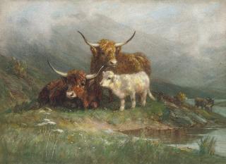 William R.C. Watson - Highland cattle and a calf beside a loch