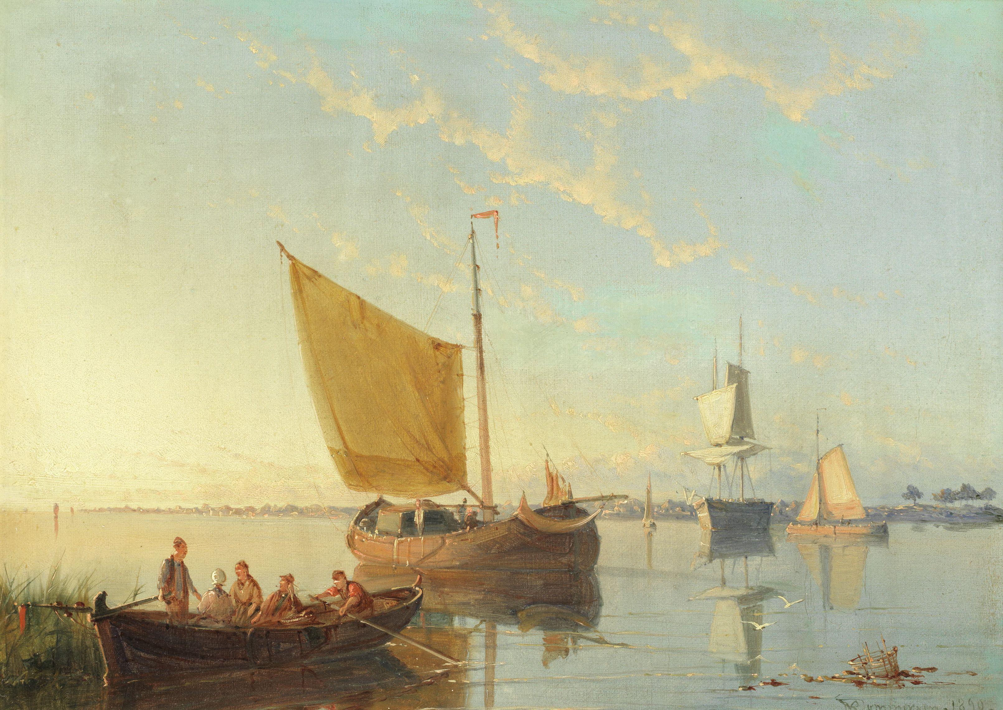 William Raymond Dommersen - Evening On An Estuary With Moored Shipping