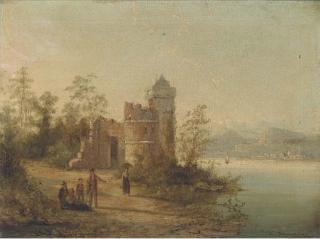 William Raymond Dommersen - Figures by a coastal ruin off the Moselle