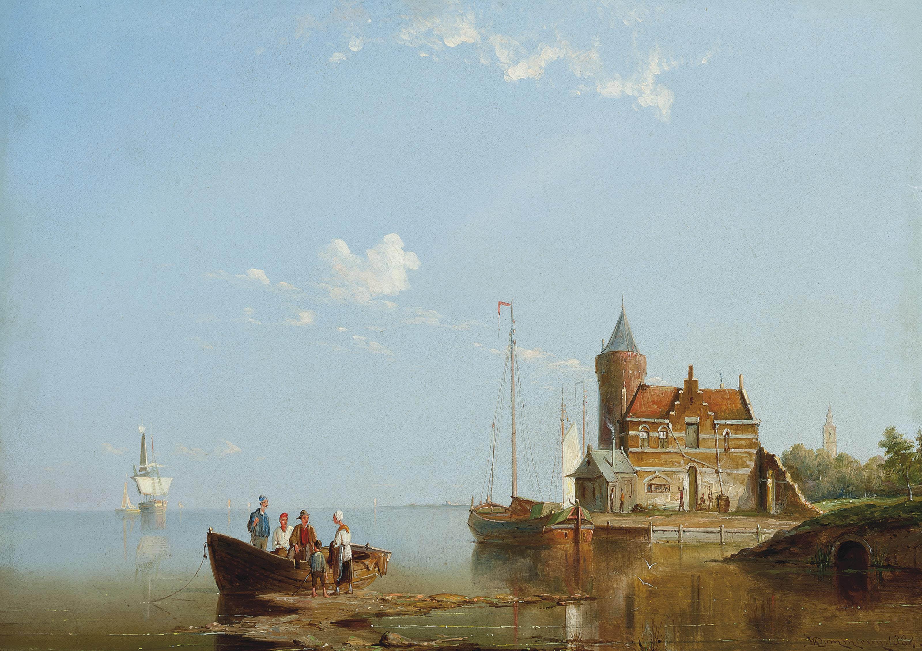William Raymond Dommersen - Fisherfolk at the water\'s edge on a still day