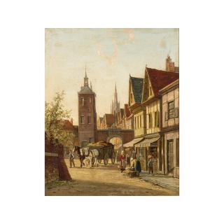 William Raymond Dommersen - Villagers In A Sunlit Dutch Town