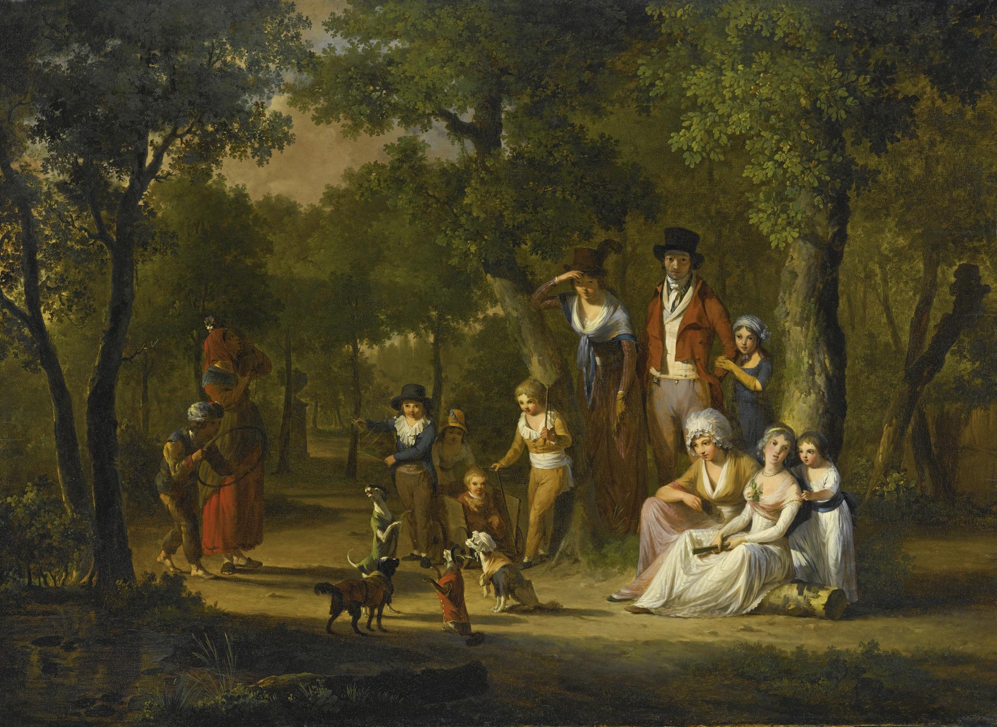William Redmore Bigg, R.A. - Group Portrait Of A Family In A Woodland Landscape, With Gypsies And Dancing Dogs