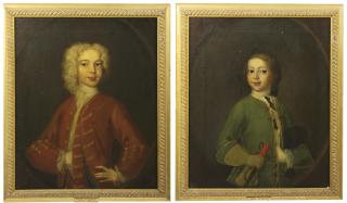 William Robertson - Portrait of David Falconer, half-length, in a red coat, in a feigned oval and Portrait of George Falconer, half-length, in a blue coat, a riding crop in his right hand, in a feigned oval