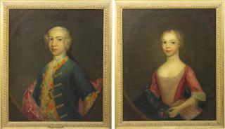 William Robertson - Portrait of William Falconer of Haulkertoun, half-length, in a patterned waistcoat and blue coat, in a feigned oval