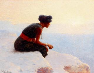 William Robinson Leigh - Moki Girl Looking Over the Canyon 10 x 13 in. framed 17 x 20 in.