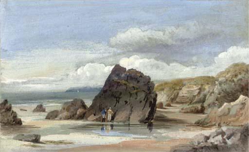 William Roxby Beverley - Figures before rocks on the foreshore at low tide