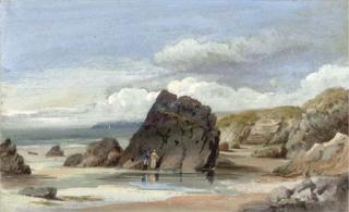 William Roxby Beverley - Figures before rocks on the foreshore at low tide