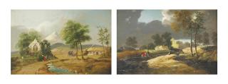 William Sadler II - An extensive landscape with figures conversing on a track beside a ruined church, the Sugar Loaf beyond; and A river landscape with figures on a bank, cottages beyond