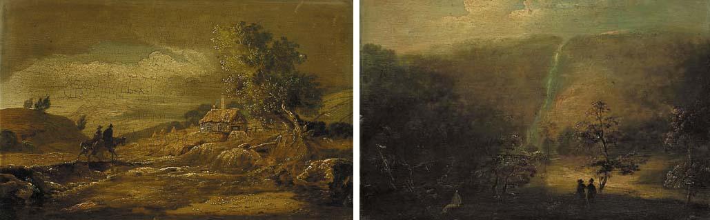 William Sadler II - View in the Wicklow hills with figures on horseback beside a river and the Bray Head beyond; and View of Powerscourt Waterfall in Powerscourt Park, Co. Wicklow