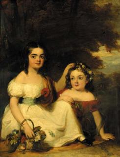 William Salter, R.B.A. - Portrait of Eleanor (1839-1895) and Mary Ann Rickards (1841-1926), full-length, Eleanor in a white dress with flowers in a basket by her side, and Mary Ann in a red dress with flowers in her hair, in a landscape