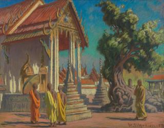 William Samuel Horton - Buddhist monks before a temple, thought to be in Burma