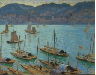 William Samuel Horton - Junks in Hong Kong harbor with a view of Kowloon across the water