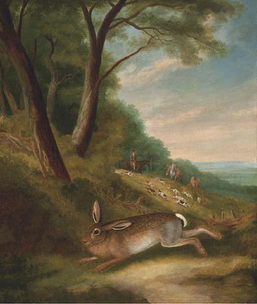 William Samuel Howitt - Hounds chasing a hare in an extensive landscape