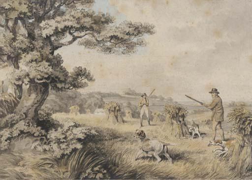 William Samuel Howitt - Huntsmen and dogs shooting over a cornfield