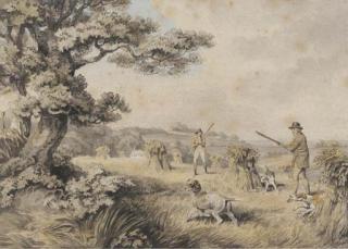 William Samuel Howitt - Huntsmen and dogs shooting over a cornfield