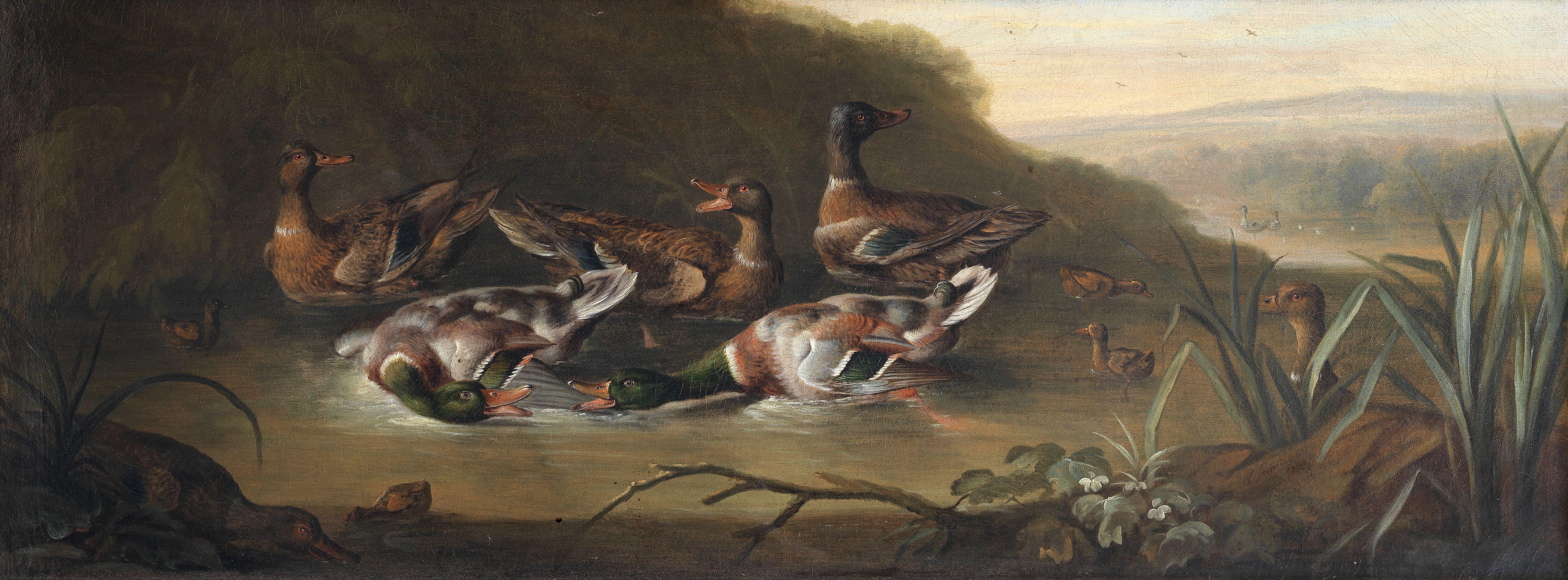 William Sartorius - A river landscape with mallard fighting