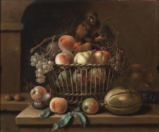 William Sartorius - Peaches, pears and grapes in a basket with a melon and a monkey on a stone ledge