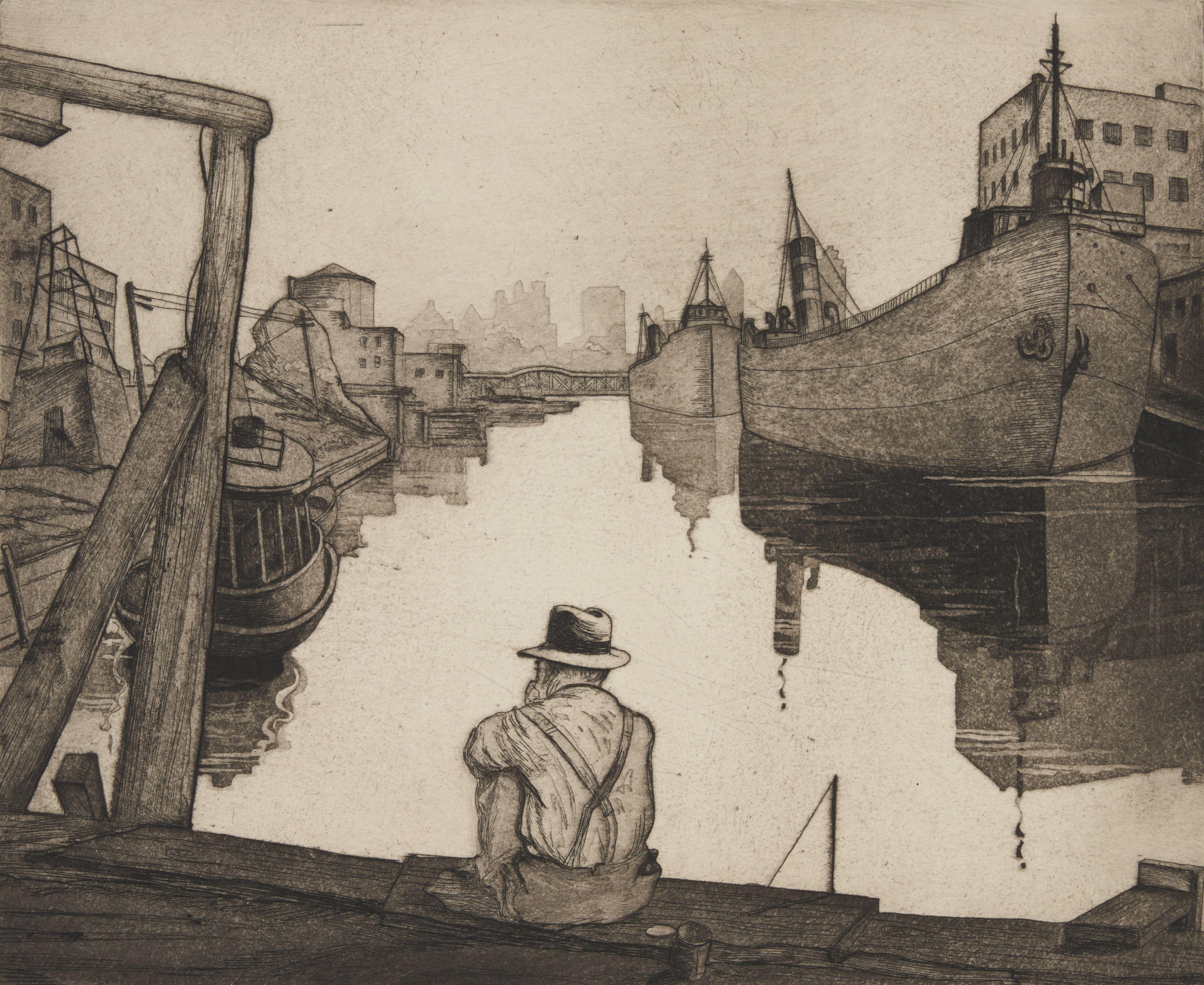 William Sharp - Three New York Views: Under the Brooklyn Bridge, Goldcoast Fishermen, and Sitting on the Dock of the Bay