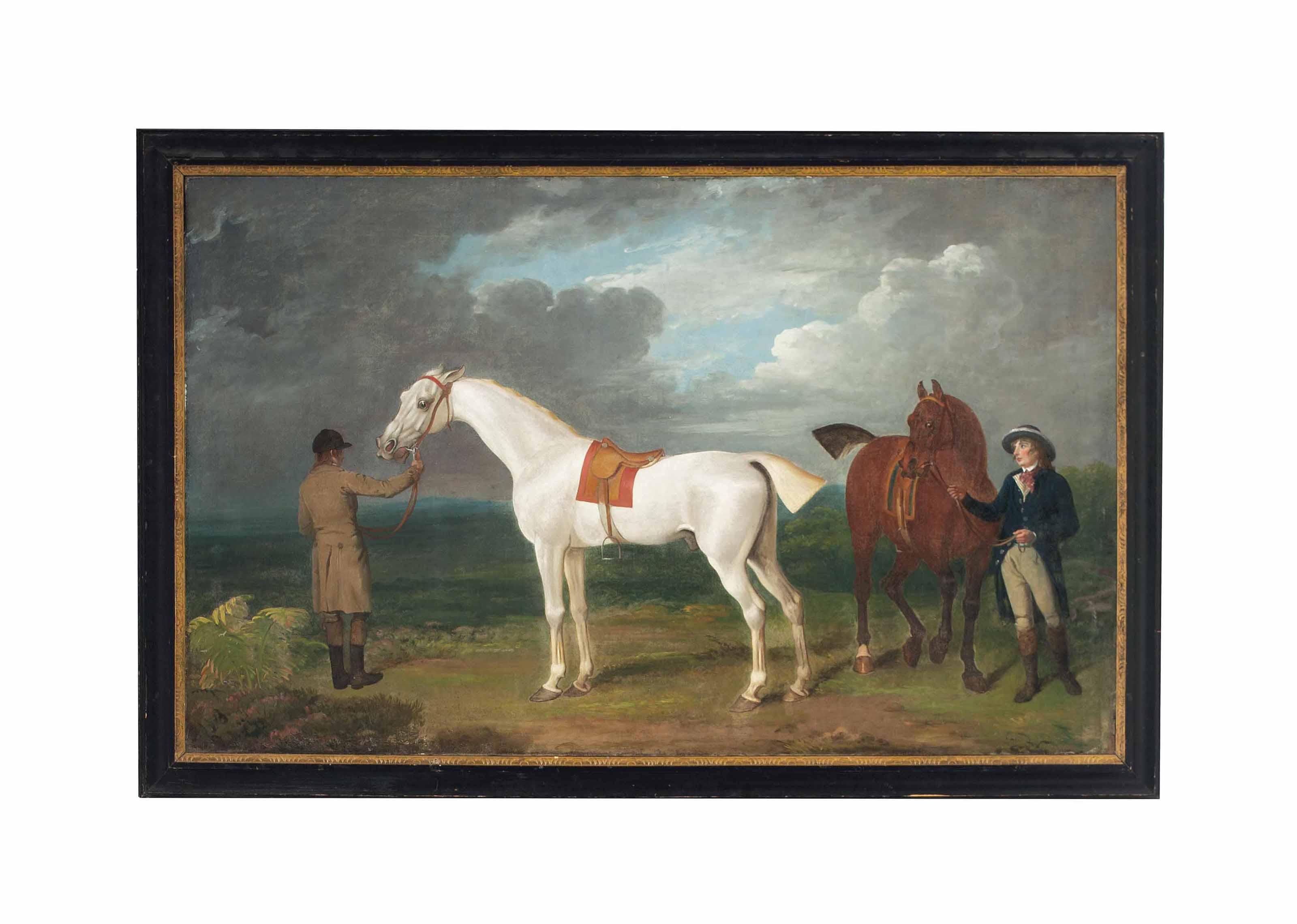 William Shaw - The Grey Racehorse \'Lamprey\' And A Bay Racehorse Held By Grooms In A Landscape