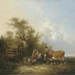 William Shayer, Sen. - Figures and a cow by a gate in a landscape