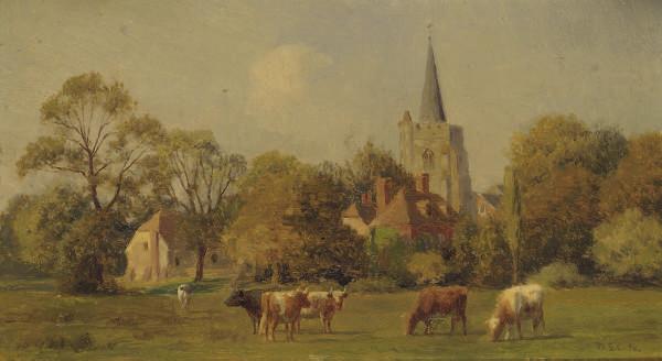 William Sidney Cooper - Cattle grazing, a village church beyond