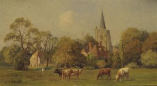 William Sidney Cooper - Cattle grazing, a village church beyond