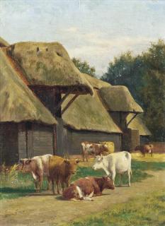 William Sidney Cooper - Cattle grazing before a barn