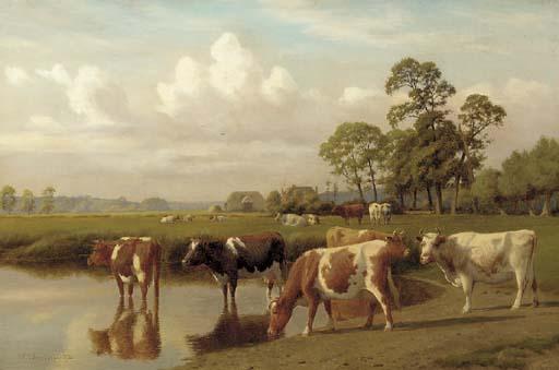 William Sidney Cooper - Cattle watering in a meadow