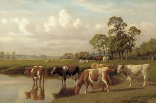 William Sidney Cooper - Cattle watering in a meadow