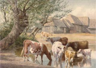 William Sidney Cooper - Sheep resting in an orchard;  and Cattle watering by a farmstead (illustrated)