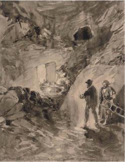 William Simpson, R.I. - The rock-cut tunnel near the fountain of the Virgin, Nazareth