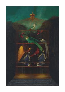 William Skilling - A blue parrot and other exotic birds in a cage