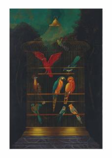 William Skilling - A red bird with wings outstretched, and other exotic birds in a cage