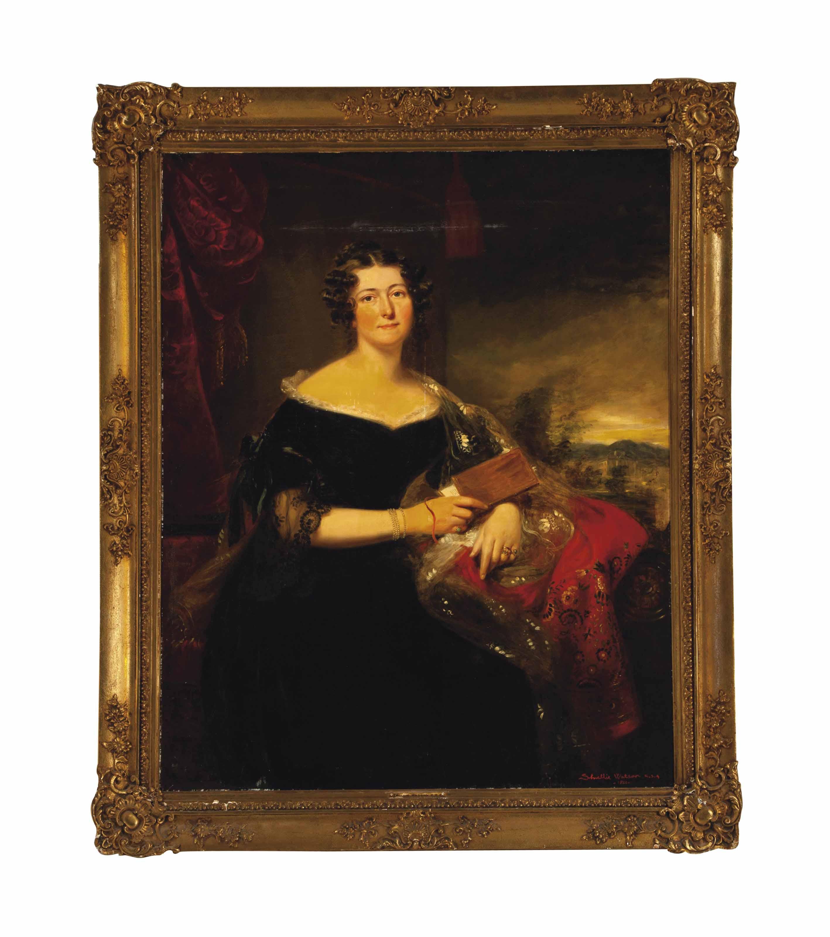 William Smellie Watson, R.S.A. - Portrait Of A Lady, Three-Quarter Length, With A View Of Prestonfield House, Midlothian