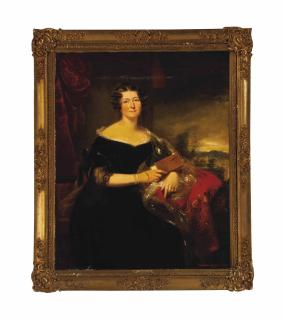 William Smellie Watson, R.S.A. - Portrait Of A Lady, Three-Quarter Length, With A View Of Prestonfield House, Midlothian