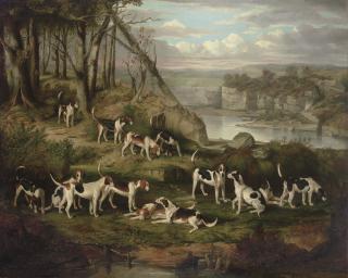 William Smith - A pack of foxhounds on a bank above a rocky gorge