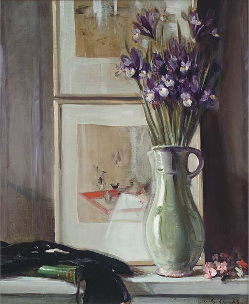 William Somerville Shanks, R.S.A., R.S.W. - Irises In A Vase, With Flowers And A Book To The Side