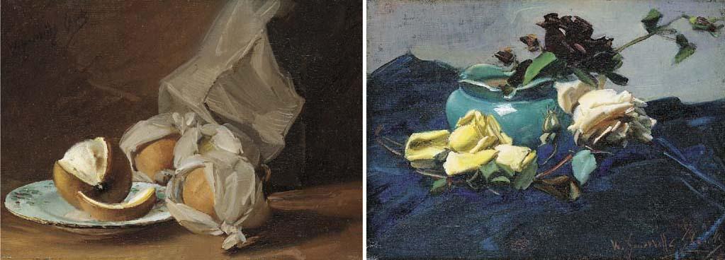 William Somerville Shanks, R.S.A., R.S.W. - Still life with roses; and Still life with oranges