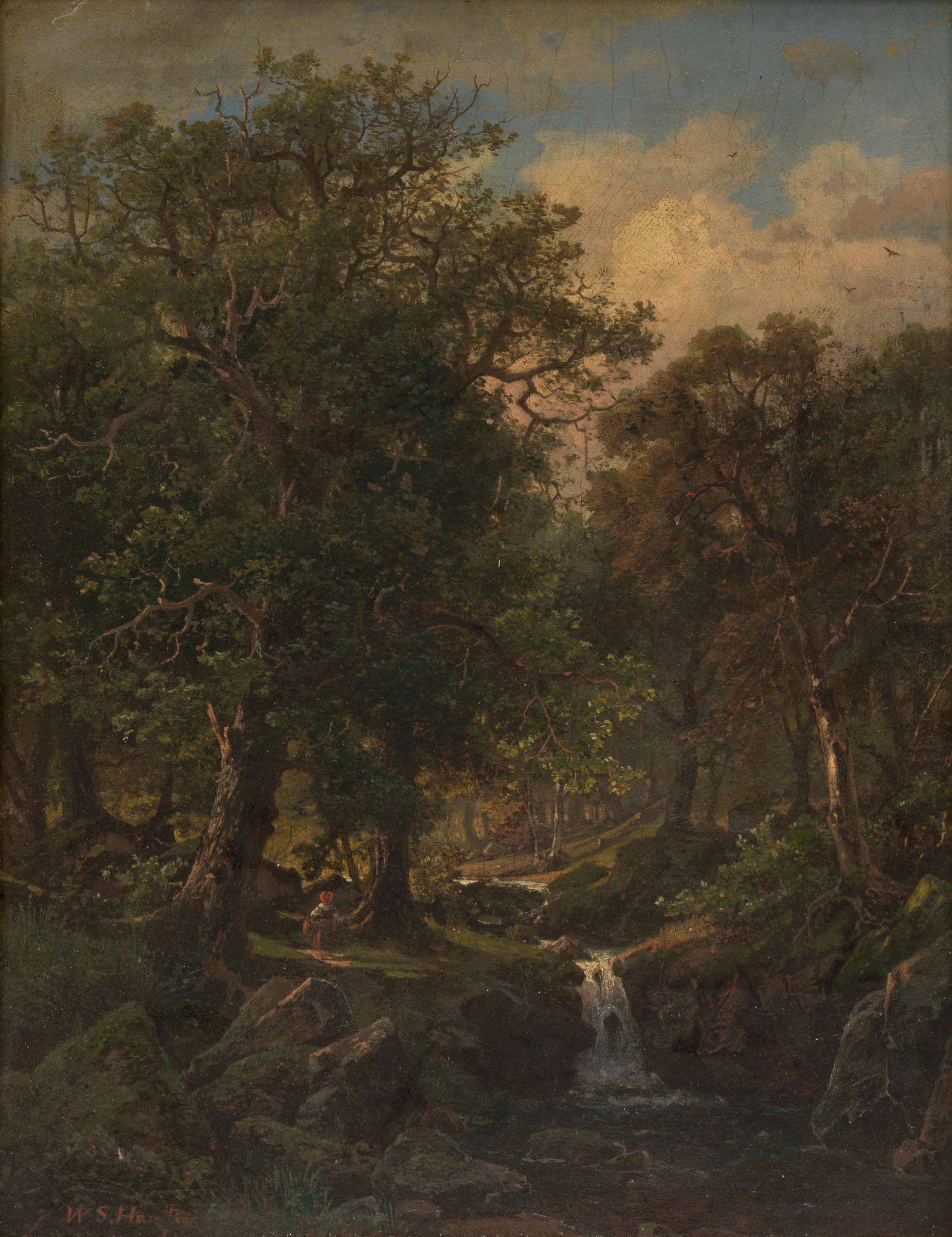 William Stanley Haseltine - Forest Landscape with Figure Beside a Brook