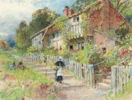 William Stephen Coleman - A row of cottages with a figure and other children playing