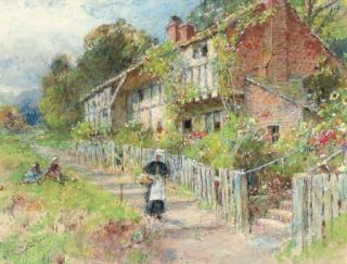 William Stephen Coleman - A row of cottages with a figure and other children playing