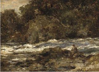 William Stewart Macgeorge, R.S.A. - An angler on the bank of a rocky river