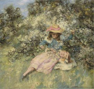 William Stewart MacGeorge, R.S.A. - Children amongst spring blossom