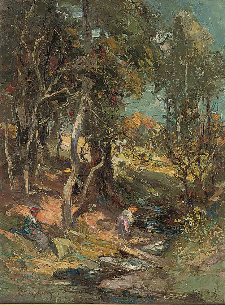 William Stewart MacGeorge, R.S.A. - Fishing In A Wooded Burn