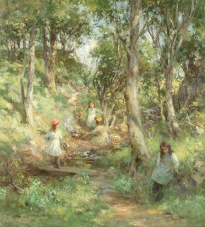 William Stewart MacGeorge, RSA - A bonfire in the bluebell wood