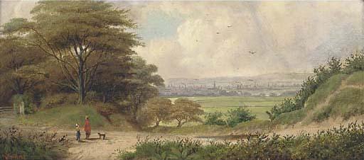 William Stone - Figures On A Rural Track Before A City