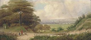 William Stone - Figures On A Rural Track Before A City